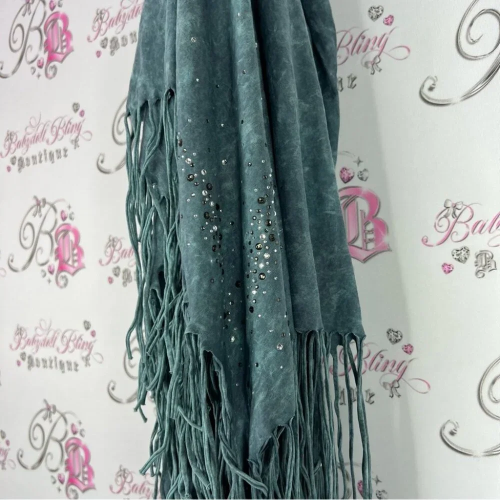 Scarf rhinestone tassels distressed tie dye blue Elegant Teal Fringe Scarf